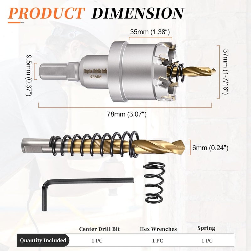 METALLIXITY Hole Saw 37mm (1-7/16"), Heavy Duty Tungsten Carbide with Center Drill Bit Hex Key Spring - Hole Cutters for Thick Stainless Steel Steel Metal Plates. Silver - Image 2